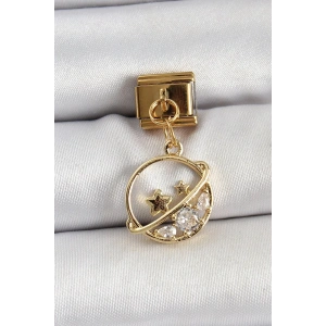 Mey İthalat® 316L Çelik Sallantılı Zirkon Taşlı Satürn Model Gold Renk Nomination Charm