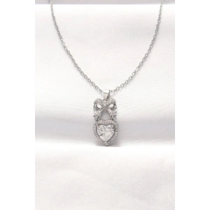 Mey İthalat® 316L Çelik Silver Renk Zirkon Taşlı Kalpli Fiyonk Kolye