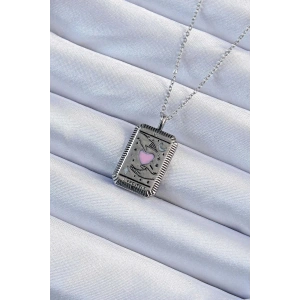 Mey İthalat® 316L Çelik Zincir Eskitme Gümüş Renk Pembe Mineli Kalp Figürlü Tarot Kolye