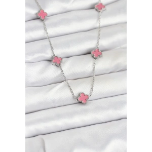 Mey İthalat® 316L Çelik Zincir Gümüş Renk Pembe Baby Boy Yonca Kadın Kolye