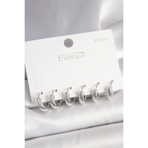 Mey İthalat® 925 Ayar Gümüş Çivi Pirinç Gümüş Renk İşlemeli Halka Model Kadın Küpe Seti