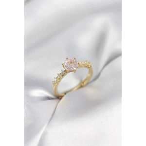 Mey İthalat® Gold Renk Pembe Tek Taş Model Zirkon Taşlı Kadın Yüzük