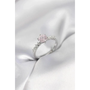 Mey İthalat® Gümüş Renk Pembe Tek Taş Model Zirkon Taşlı Kadın Yüzük
