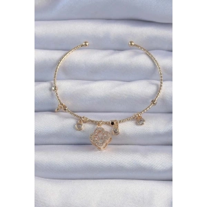 Mey İthalat® Pirinç Altın Renk Zirkon Taşlı Yonca Model Charm Bileklik