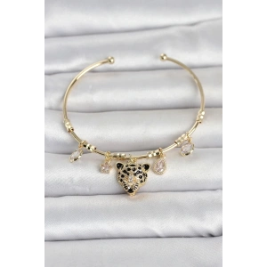 Mey İthalat® Pirinç Gold Renk Leopar Detaylı Charmlı Kadın Bileklik