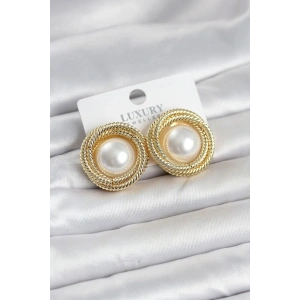 Mey İthalat® Pirinç Gold Renk Sarmal Model İncili Kadın Küpe