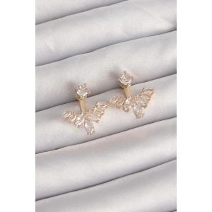 Mey İthalat® Pirinç Gold Renk Zirkon Taşlı V Model Küpe