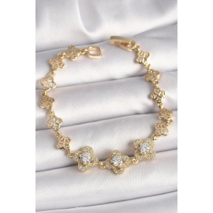 Mey İthalat® Pirinç Gold Renk Zirkon Taşlı Yonca Model Kadın Bileklik