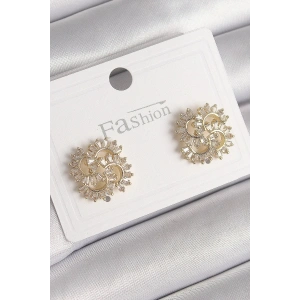 Mey İthalat® Pirinç Gold Renk Zirkon Taşlı Yonca Model Kadın Küpe