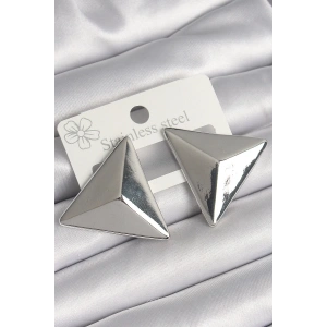 Mey İthalat® Pirinç Gümüş Renk 3D Üçgen Model Kadın Küpe