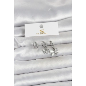 Mey İthalat® Pirinç Gümüş Renk Kelebek Model 3lü Kadın Küpe