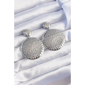 Mey İthalat® Pirinç Gümüş Renk Oval İşlemeli Küpe