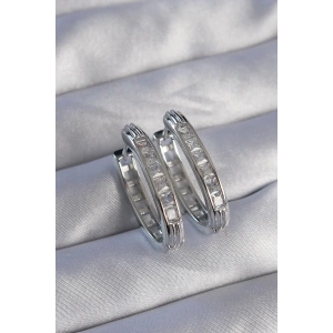 Mey İthalat® Pirinç Gümüş Renk Zirkon Taşlı Oval Model Küpe