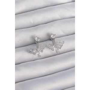 Mey İthalat® Pirinç Gümüş Renk Zirkon Taşlı V Model Küpe