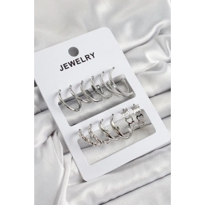 Mey İthalat® Pirinç Karışık Halka Model Gümüş Renk 6 Çift Kadın Küpe Set