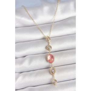 Mey İthalat® Pirinç Zincir Pembe Gold Renk Zirkon Taşlı Y Kolye