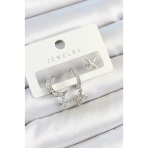 Mey İthalat® Pirinç Zirkon Taşlı Çiçek Ve Ay Model Gümüş Renk 3lü Çift Kadın Küpe Set