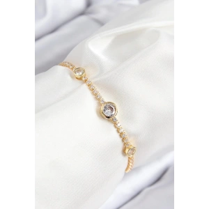 Mey İthalat® Pirinç Zirkon Taşlı Daire Model Gold Renk Asansörlü Kadın Bileklik