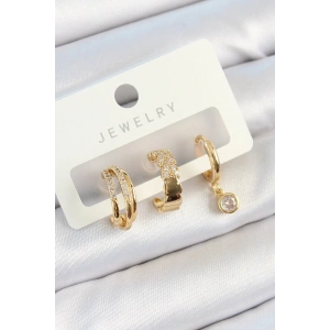 Mey İthalat® Pirinç Zirkon Taşlı Halka Model Gold Renk 3lü Çift Kadın Küpe Set