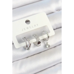 Mey İthalat® Pirinç Zirkon Taşlı Halka Model Gümüş Renk 3lü Çift Kadın Küpe Set