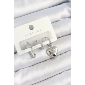 Mey İthalat® Pirinç Zirkon Taşlı Kalp Model Gümüş Renk 3lü Çift Kadın Küpe Set