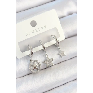 Mey İthalat® Pirinç Zirkon Taşlı Yıldız Model Gümüş Renk 3lü Çift Kadın Küpe Set