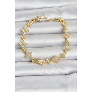 Mey İthalat® Pirinç Zirkon Taşlı Yonca Model Gold Renk Kadın Bileklik