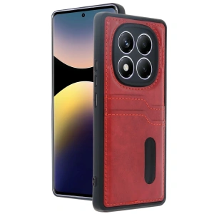 Mey İthalat®   Redmi Note 14 Pro 5G Kılıf Sara Kartvizitli Deri Kılıf - Kırmızı