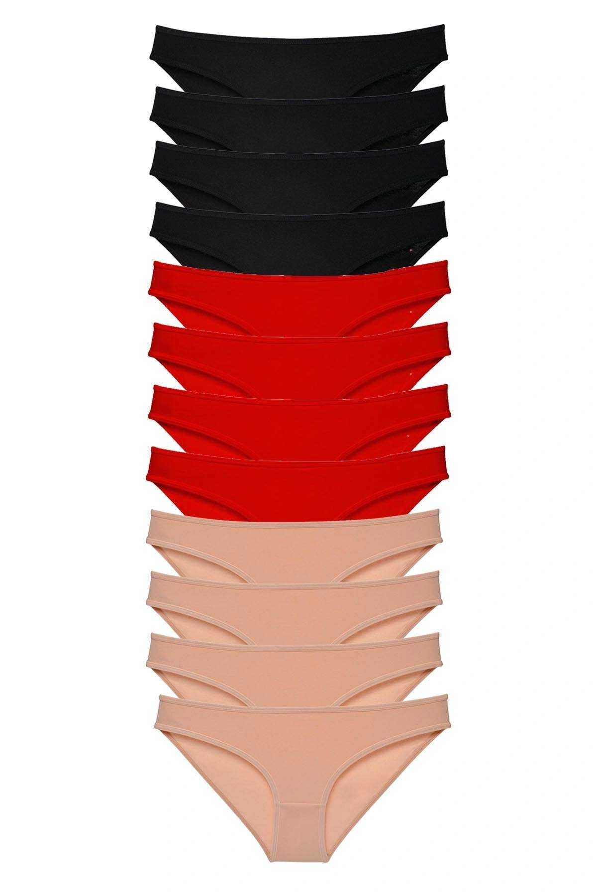 12 Adet Süper Eko Set Likralı Kadın Slip Külot Siyah Kırmızı Ten