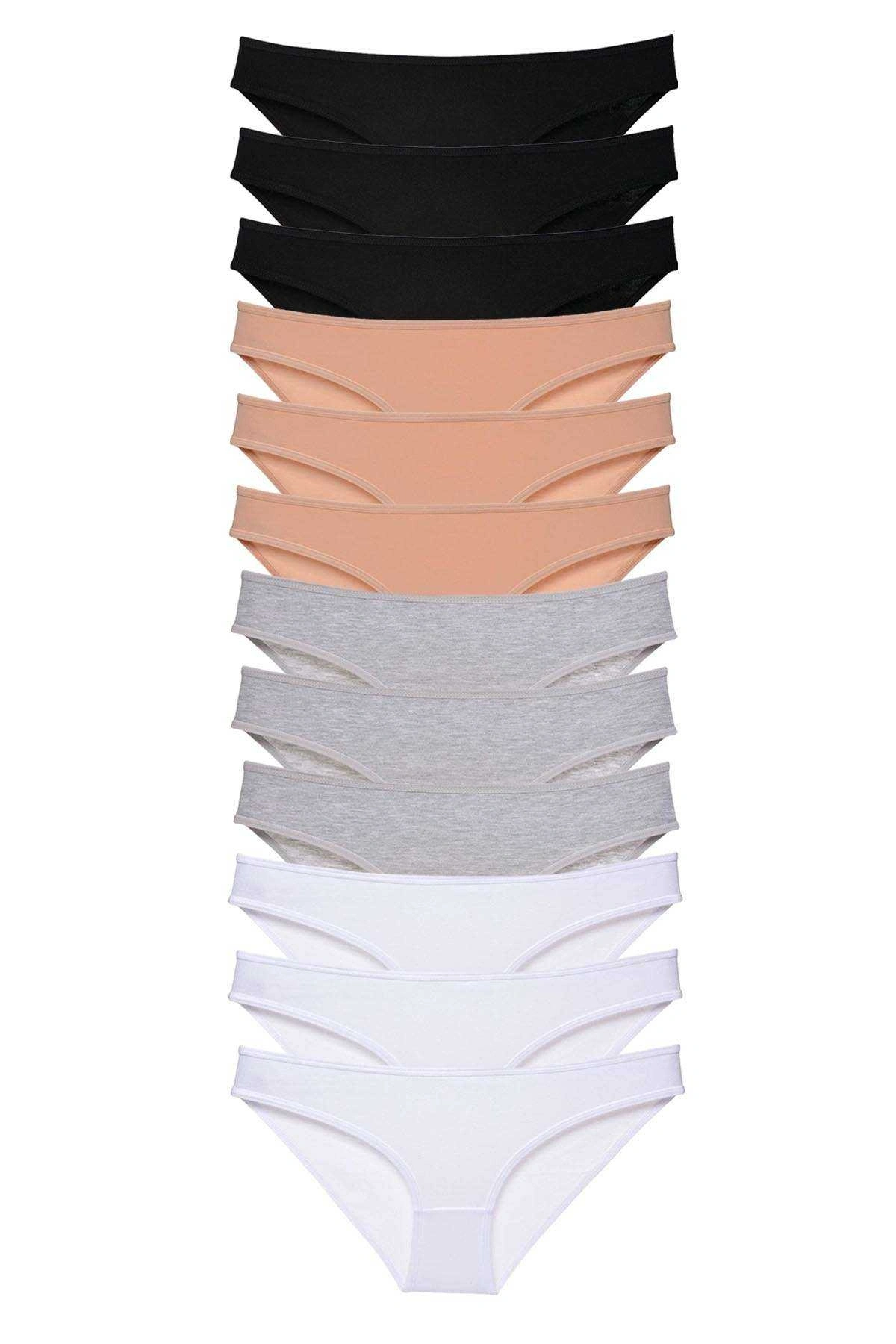 12 Adet Süper Eko Set Likralı Kadın Slip Külot Siyah Ten Gri Beyaz