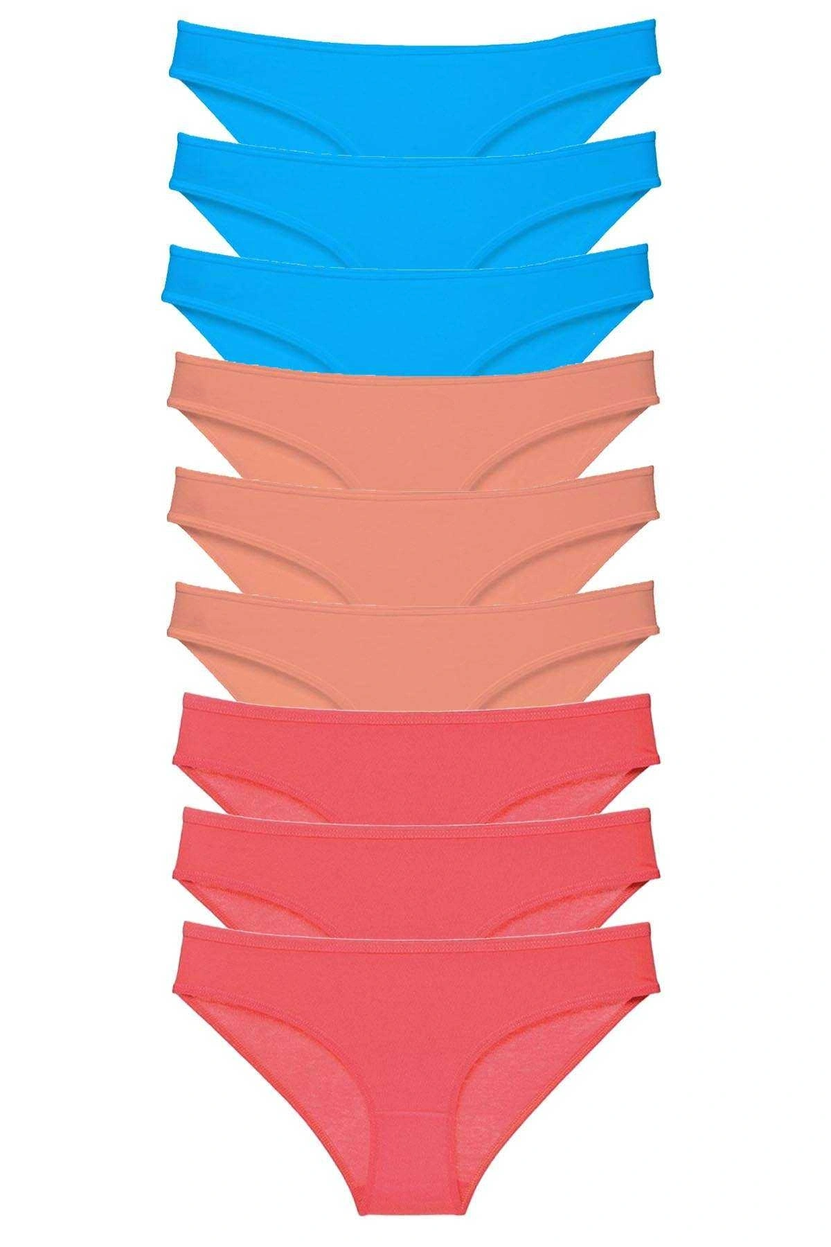 9 Adet Süper Eko Set Likralı Kadın Slip Külot Pudra Fuşya Mavi