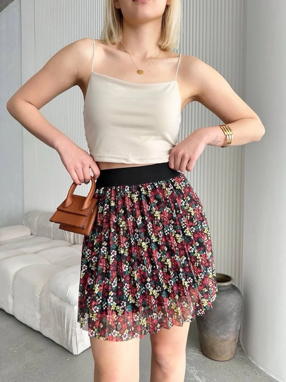 Baskılı astarlı mini etek