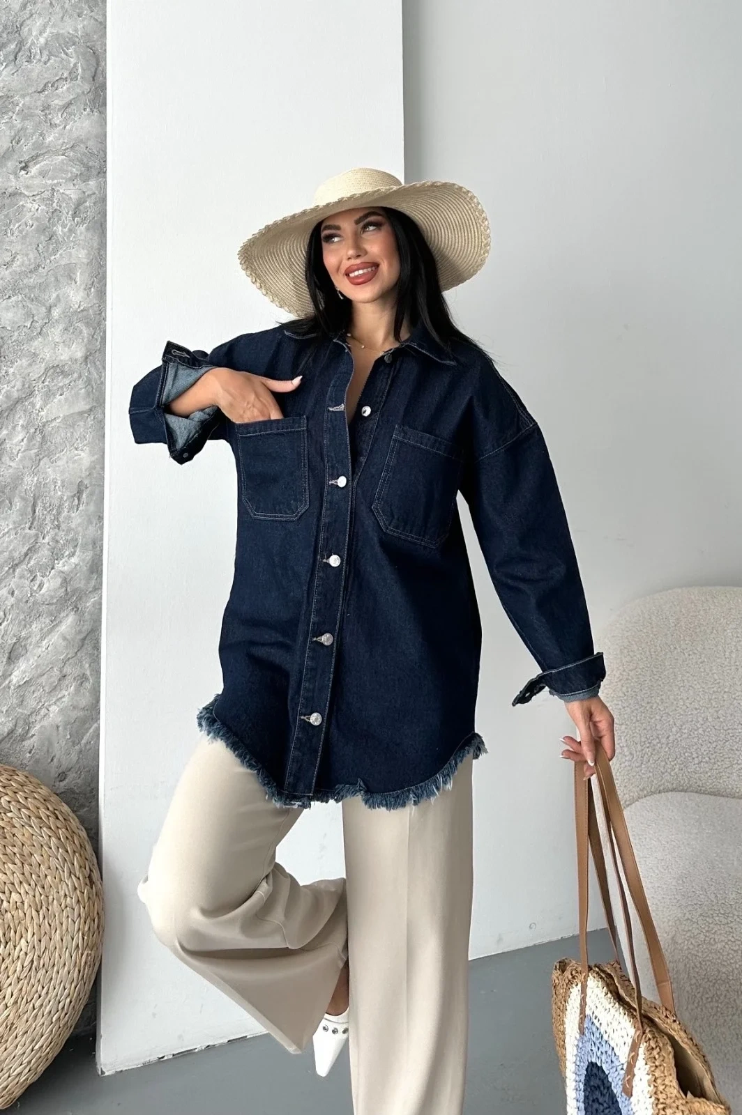 Cepli püsküllü kar yıkama kot ceket koyu mavi