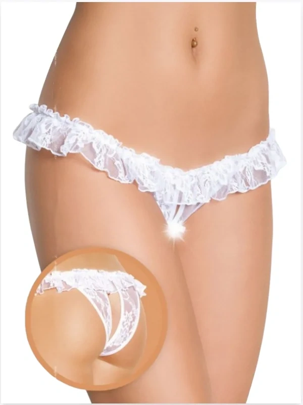 Fantezi Üstü Fırfırlı Ağı Açık Beyaz Dantel Tanga - String