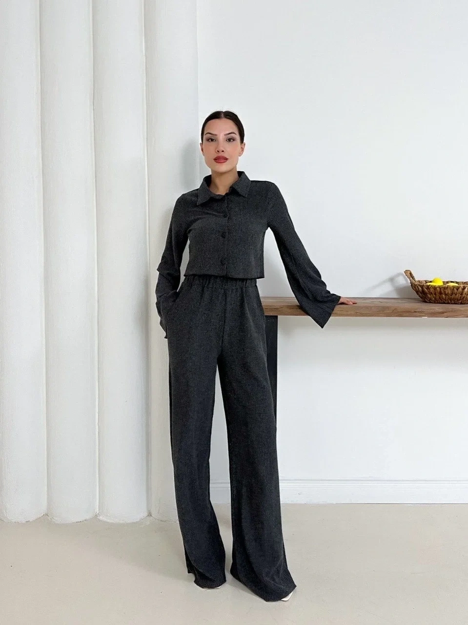 Gömlek yaka kaplama düğmeli takım antrasit st265866