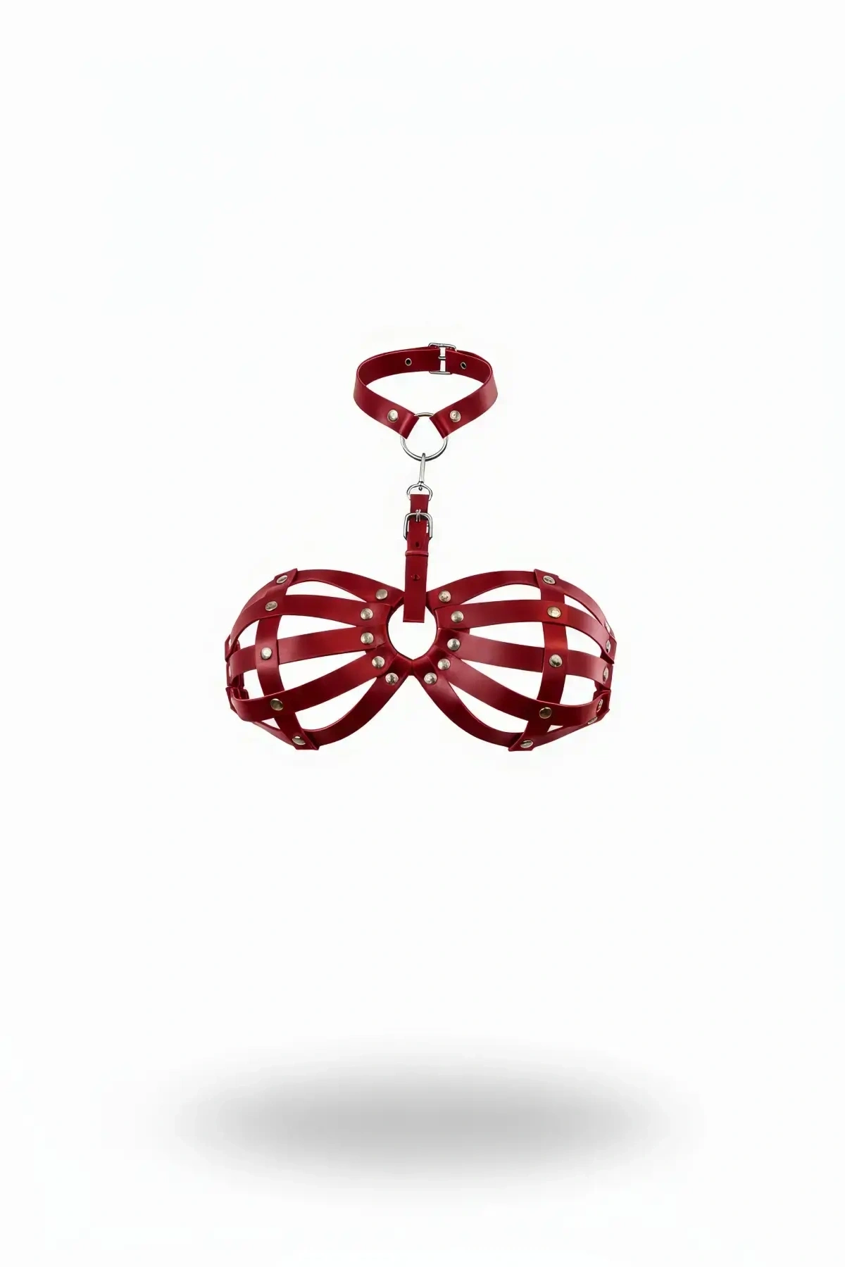 Kırmızı Göğüs Harness Deri Kafesli Zımba Detaylı Boyunluk - Brf224