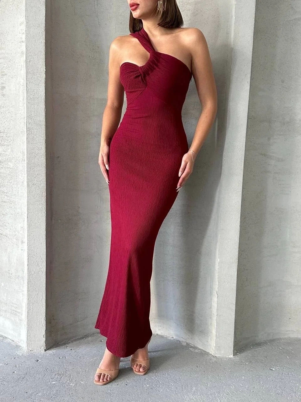 Krinkıl tek omuz uzun elbise bordo s25455