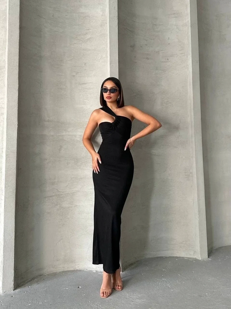 Krinkıl tek omuz uzun elbise siyah s25455