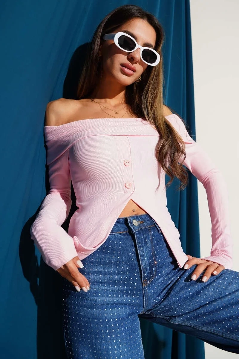 Madonna Yaka Düğmeli Bluz pembe