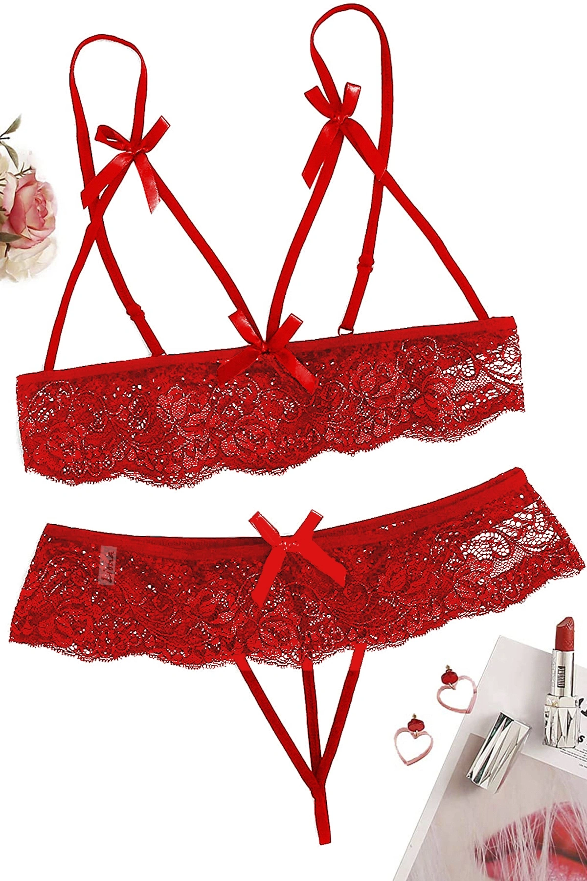 Özel Bölgesi Açık Kırmızı  Sütyen Külot Takımı