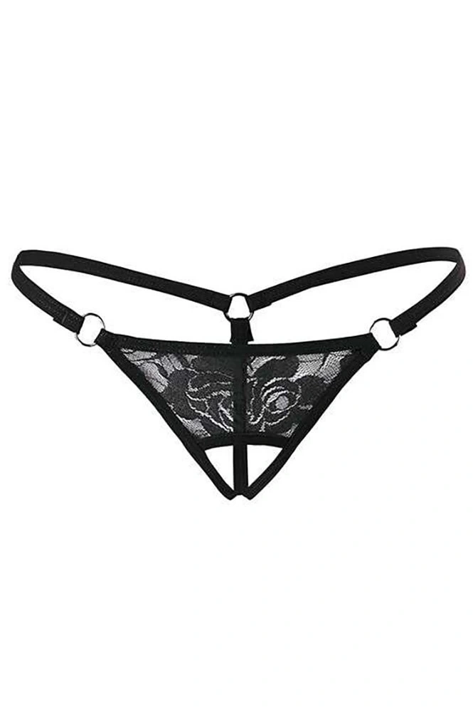 Siyah Dantelli Özel Bölgesi Açık G-string Brf1167