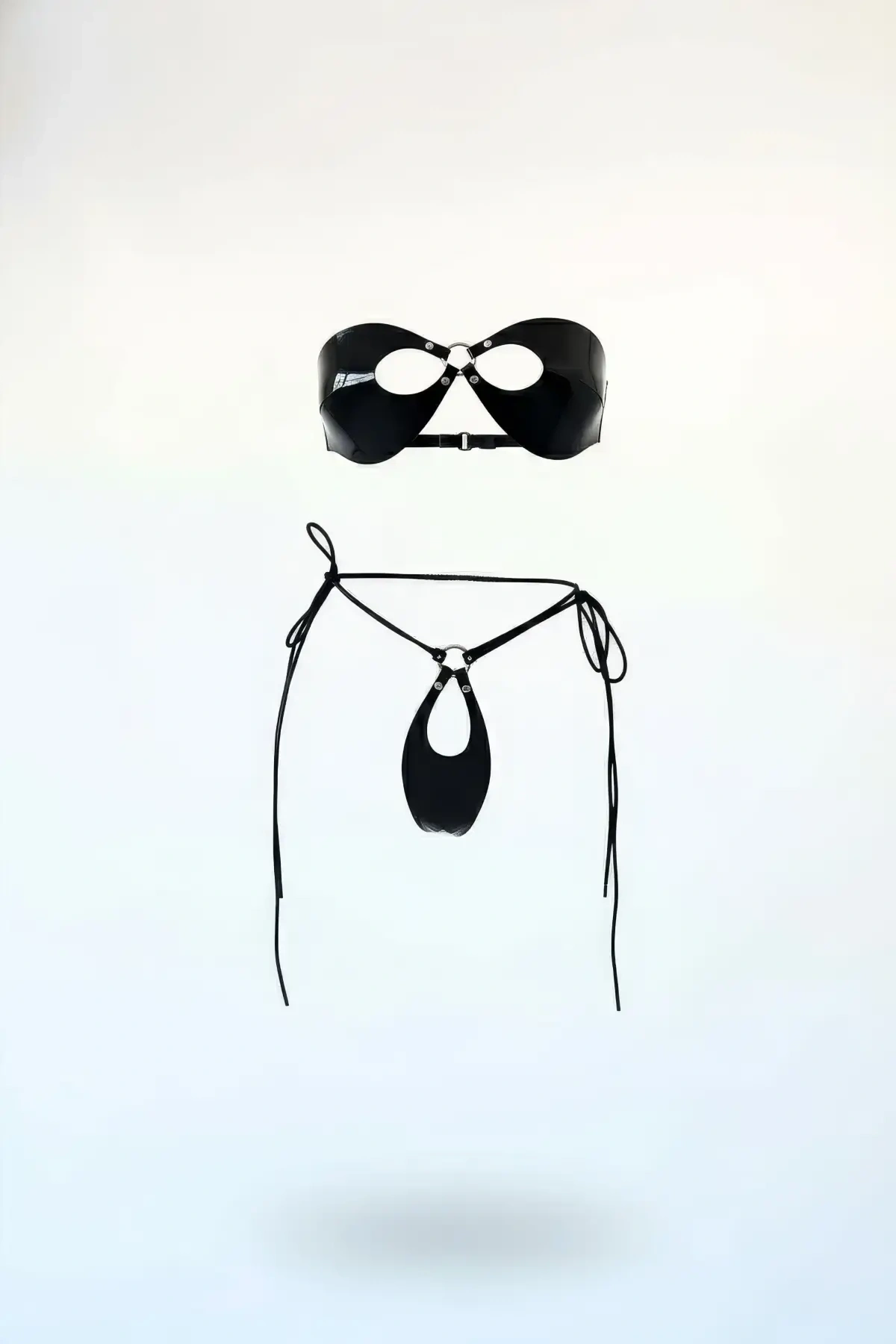 Siyah Harness Takım Parlak Vinil Metal Halka Detaylı - Brf1395