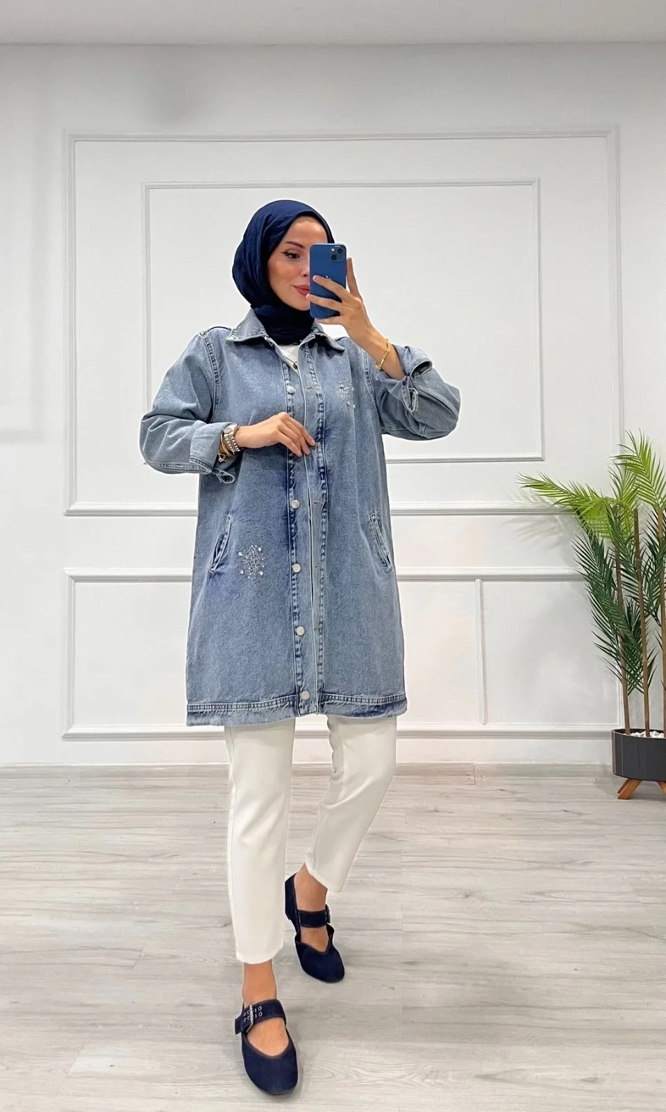 Taşlı tunik ceket kar yıkamalı mavi