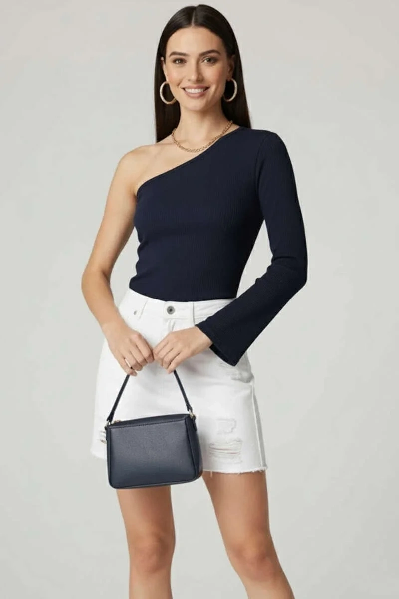 Tek Omuzlu Basic Bluz Lacivert