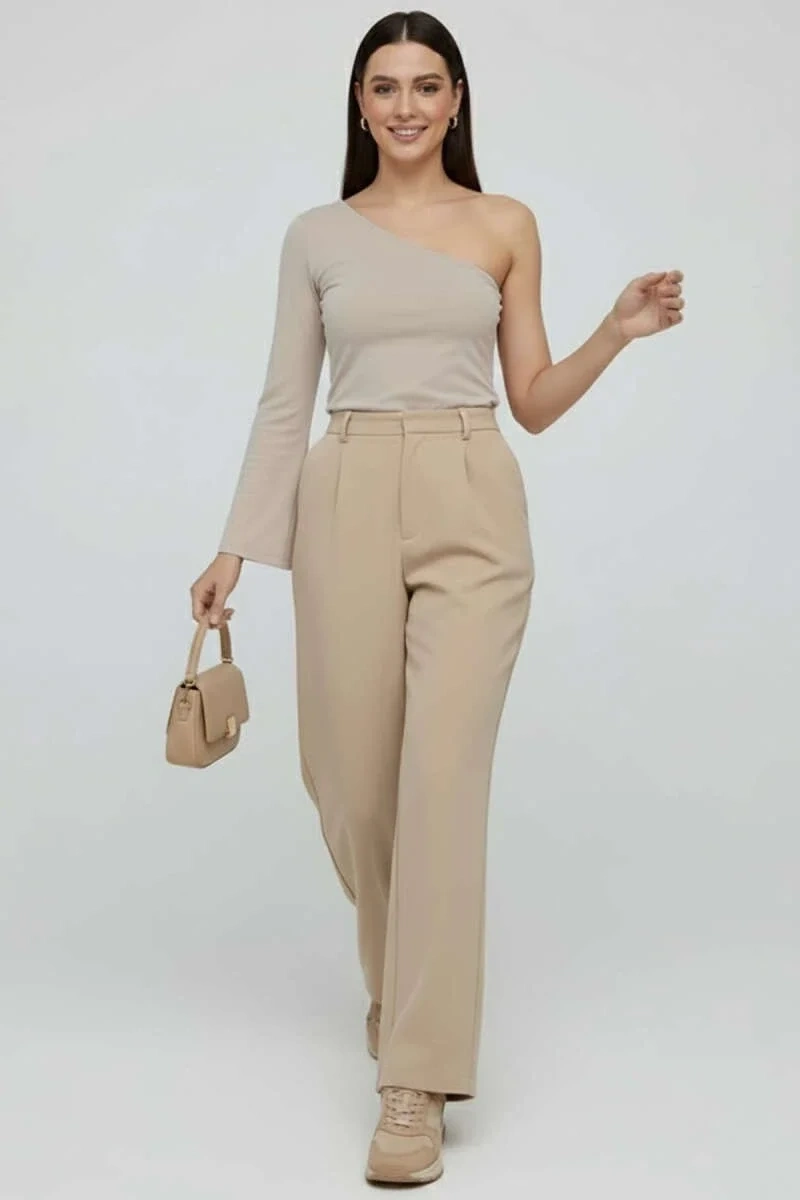 Tek Omuzlu Basic Bluz Vizon