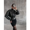 Beli büzgülü crop deri ceket siyah