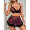 Fantezi Seksi Dantelli Ekose Sütyen Mini Etek Takım