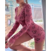 Pamuklu Pembe Siyah Kalp Desenli Düğmeli Uzun Kol Tulum Pijama