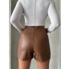 Parçalı cepli deri şort taba w26312