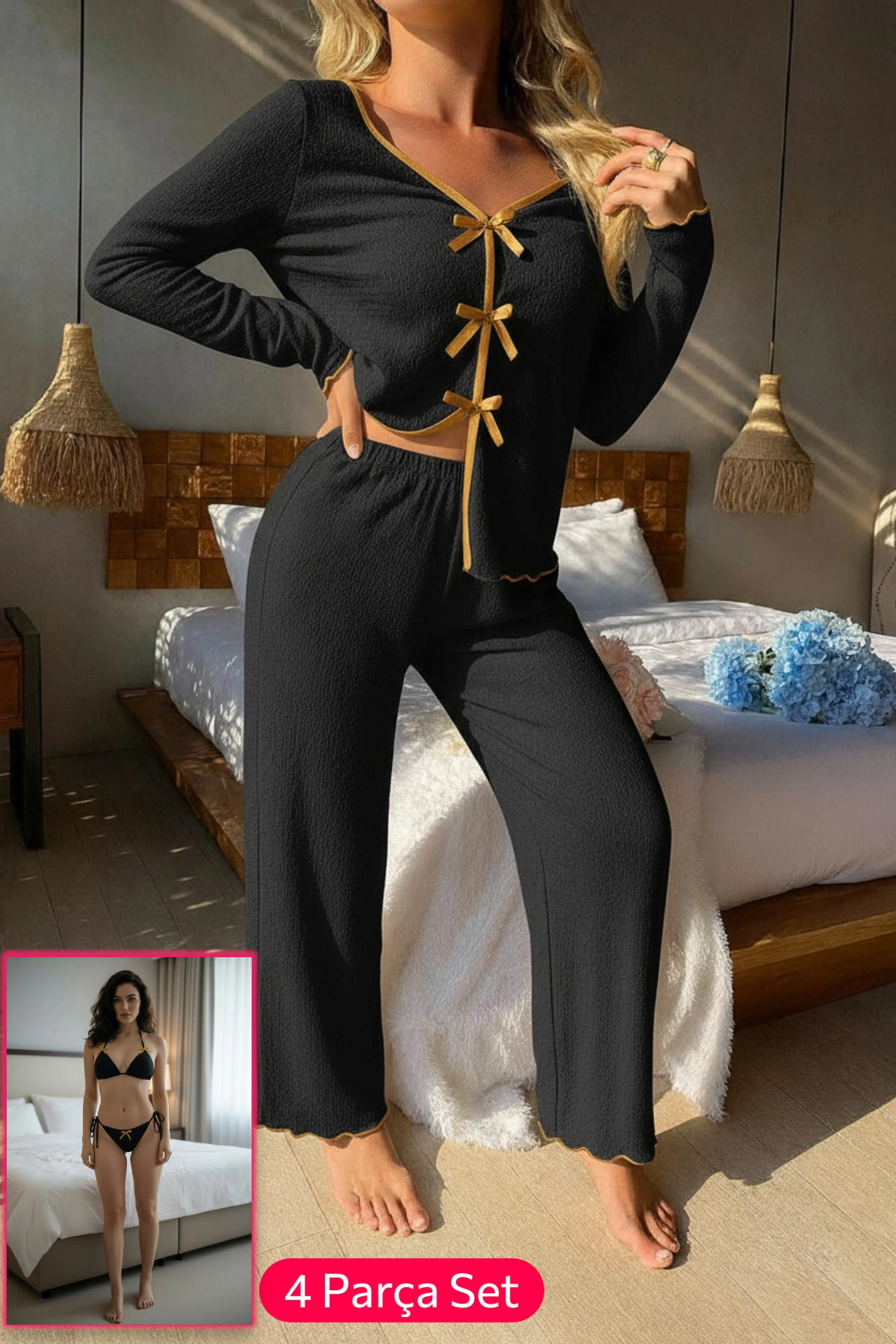 Kadın Siyah Fiyonklu İç Çamaşırı Ve Uzun Kollu V Yaka Pijama Takımı 4lü Set